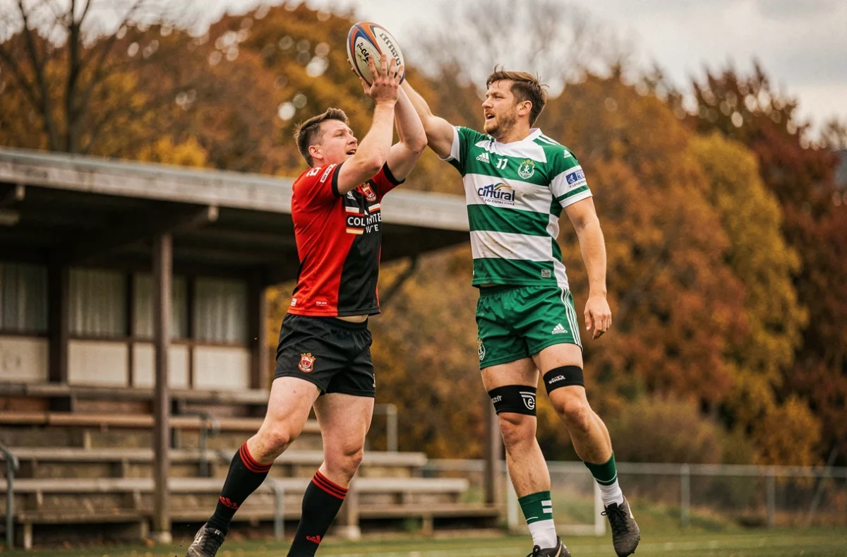 Touche de rugby entre deux équipes de Fédérale 3 dans un stade de club provincial en automne