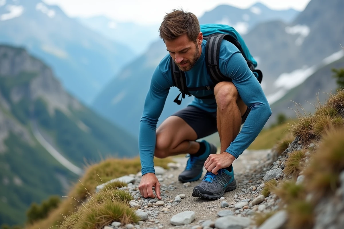 Traileur inspectant ses chaussures de trail sur crête alpine près d'Annecy avec vue sur massif montagneux