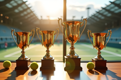 Quatre trophées de tennis grands chelems sur une table en bois