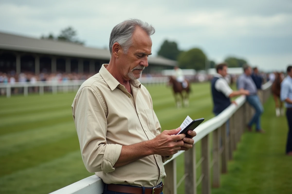 Turfiste consultant une application d'analyse de courses au trot sur smartphone au bord d'un hippodrome