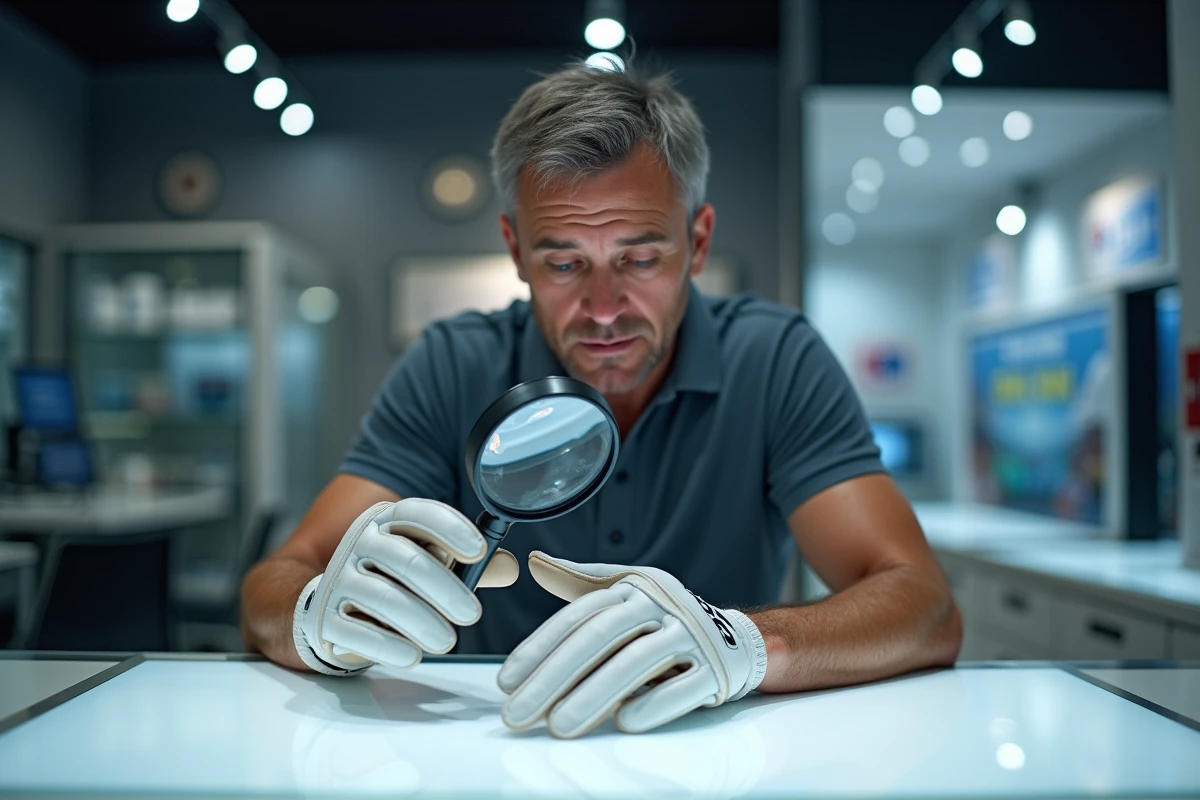 Expert en équipements sportifs vérifiant l'autocollant holographique d'authenticité sur un gant de cricket BAS