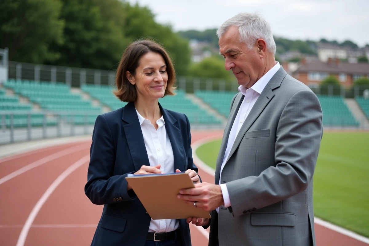 Responsable sportive et élu en visite sur un site sportif public dans le cadre d'un partenariat County Sports Partnership au Royaume-Uni