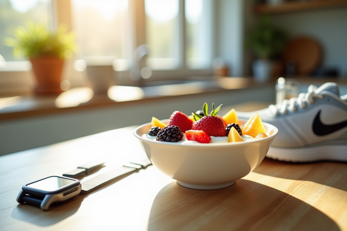 Bol de yaourt aux fruits sur un plan de travail lumineux